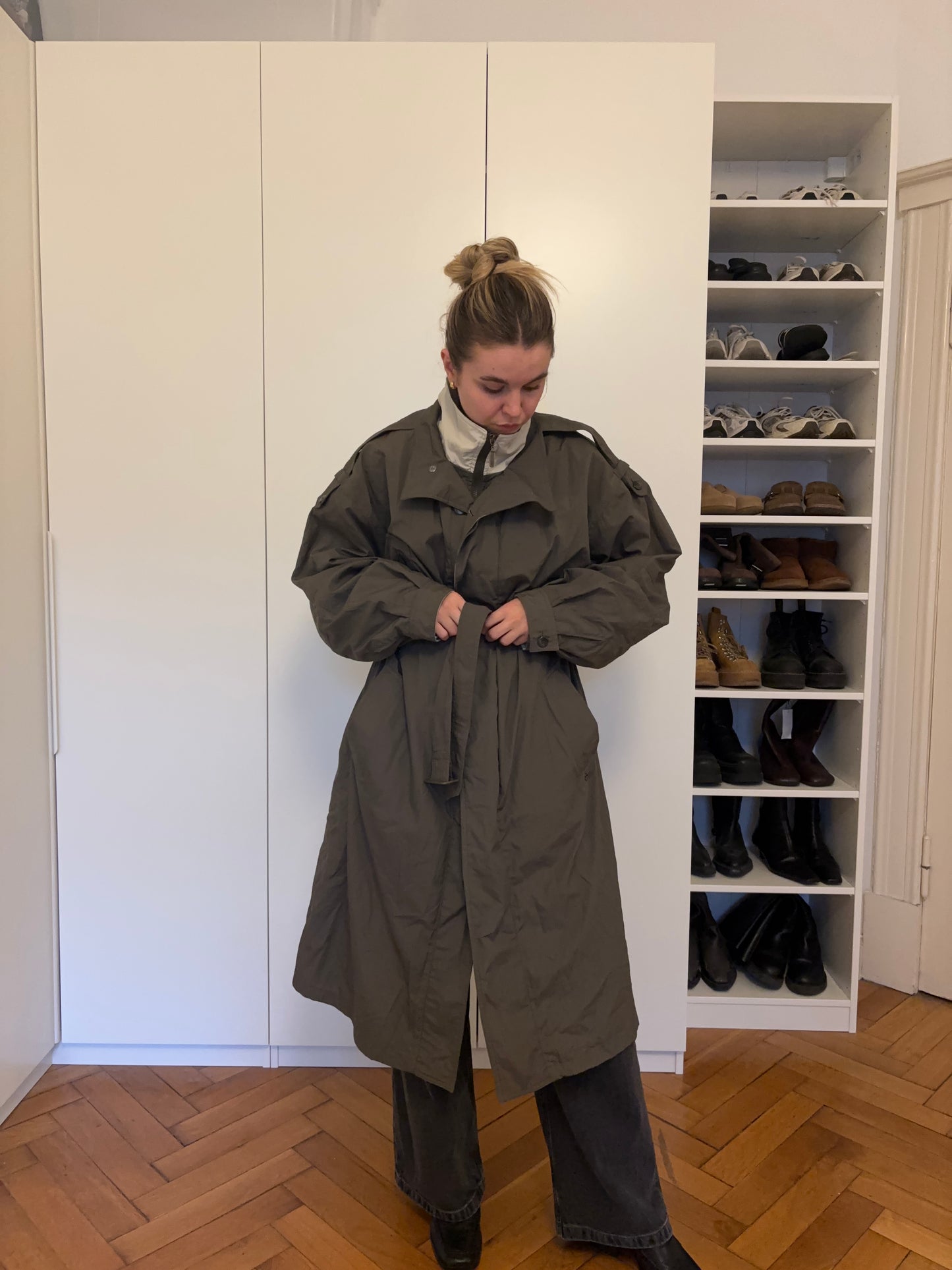 Vintage Trenchcoat Damen – wasser- & winddicht | Oversized Funktionsmantel in Olivgrau